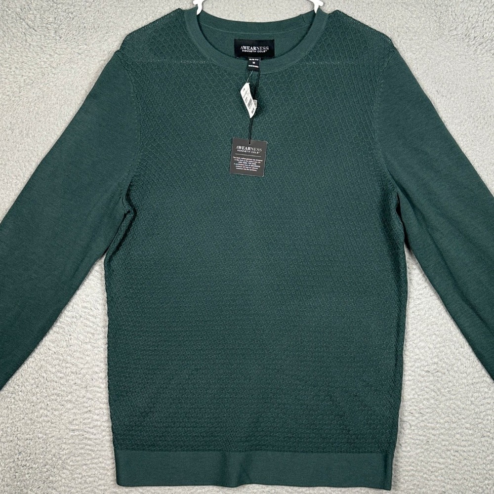 NEW Awearness Kenneth Cole Sweater Mens Medium Slim Fit Green Merino Blend Knit